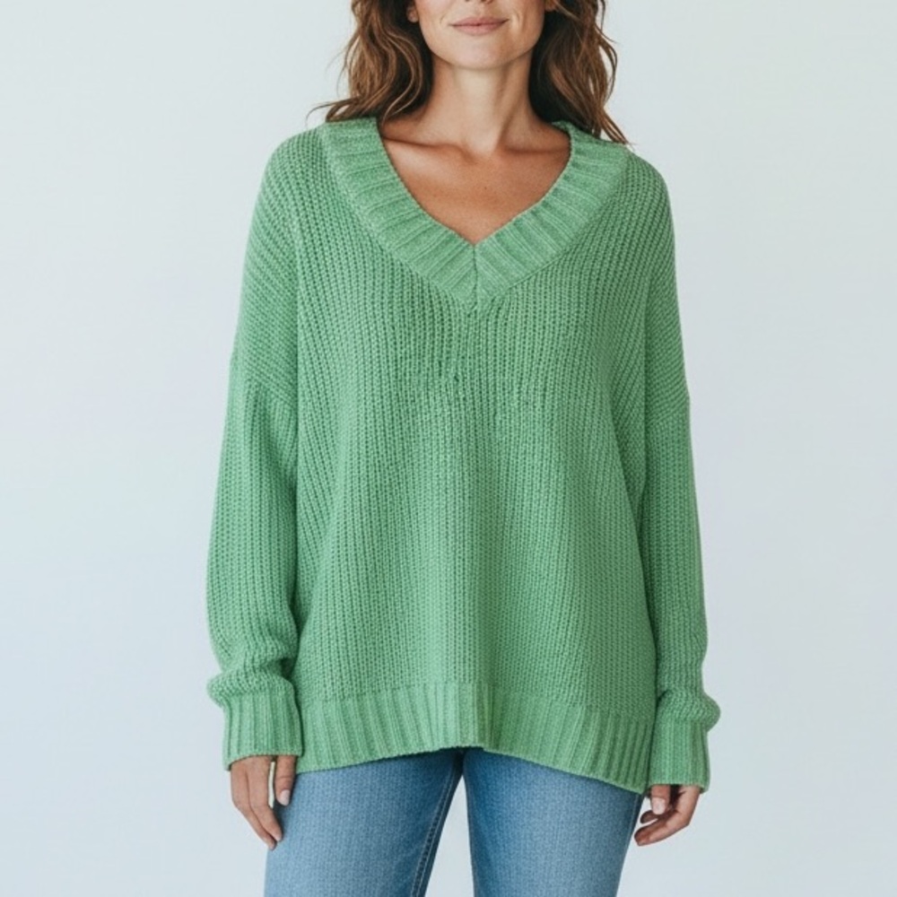 Aerie Green Chenille V-Neck Oversized Sweater Knit Top Womens Small